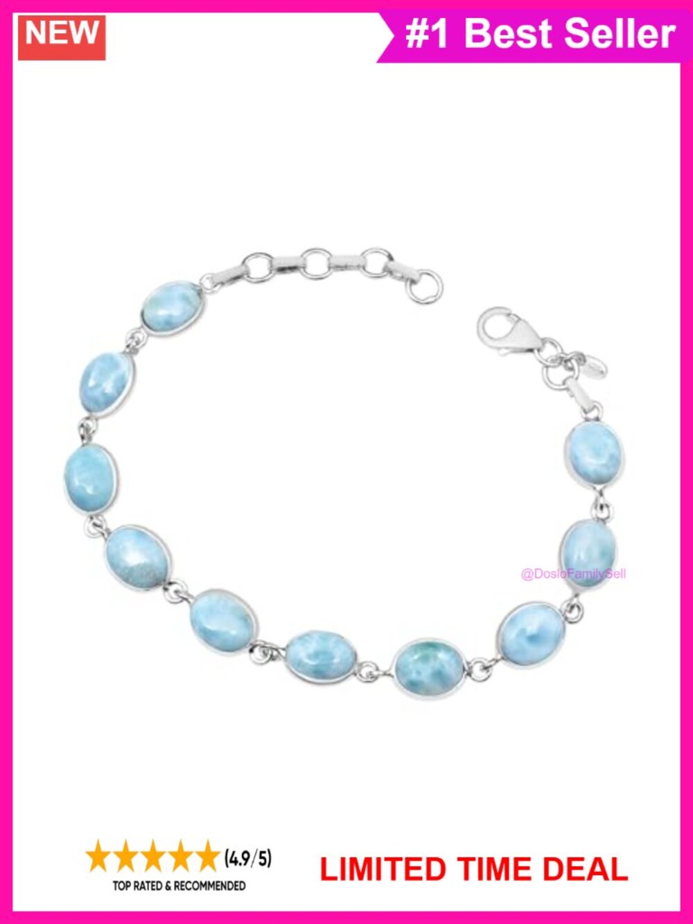 925 Sterling Silver Natural Larimar Link Tennis Bracelet Unisex Gift 8 Inch